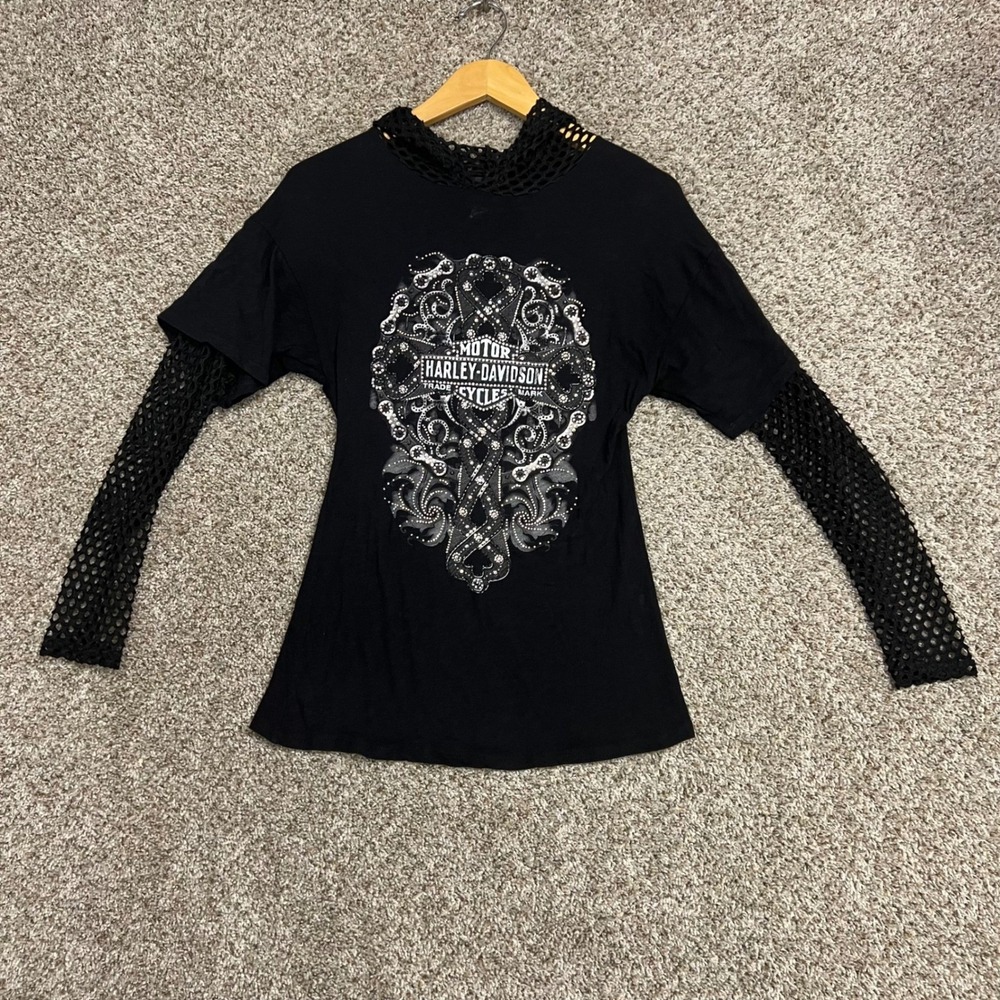 Harley-Davidson Womens XS Black Fishnet Mesh Hooded Rhinestone Graphic Top